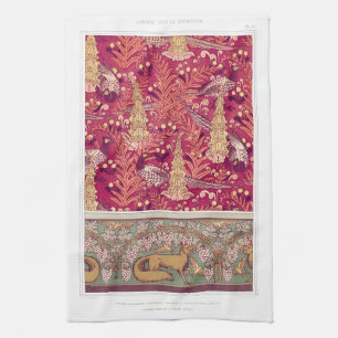 Jugendstil Fuchs Fasan Fingerhut Verneuil Rot Geschirrtuch
