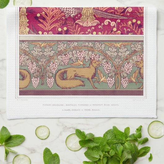 Jugendstil-Fuchs Fasan Foxglove verneuil rot Geschirrtuch (Gefaltet)