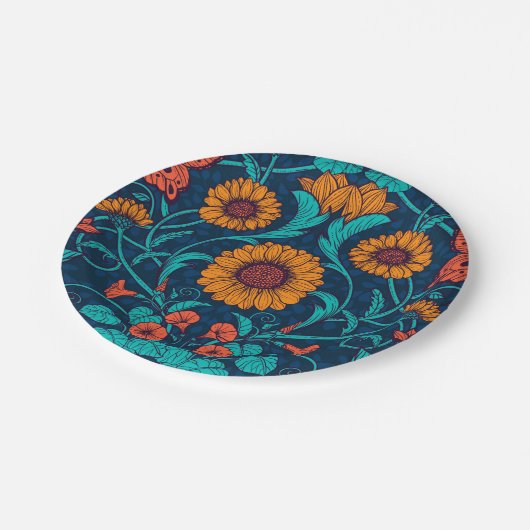 Jugendstil-Gänge in blau und gelb Pappteller (Schrägansicht)