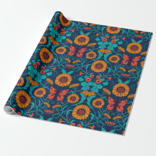 Jugendstil-Gänseblümchen in Blau und Gelb Geschenkpapier