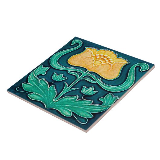 Jugendstil-Gelbe Blumenmuster Keramik Tile. Fliese (Seite)