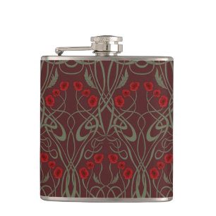 Jugendstil Geometrische Mohnblumen und geschwungen Flachmann