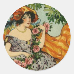 Jugendstil-Girl mit Blume Runder Aufkleber