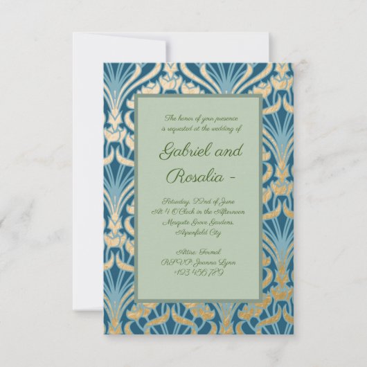Jugendstil, Gold, aquamarin, Damast, Blumen, Muste Save The Date (Vorderseite)