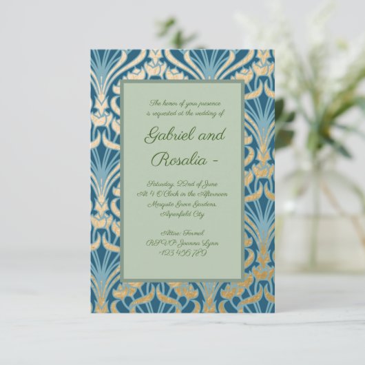Jugendstil, Gold, aquamarin, Damast, Blumen, Muste Save The Date (Stehend Vorderseite)