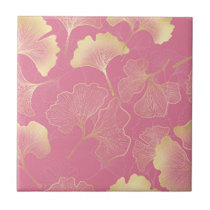 Jugendstil Gold Ginkgo Blatt Schimmerndes Muster Fliese