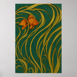 Jugendstil-Goldfisch-Karten mit gefalteter Grußkar Poster