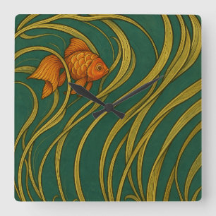 Jugendstil-Goldfisch Quadratische Wanduhr