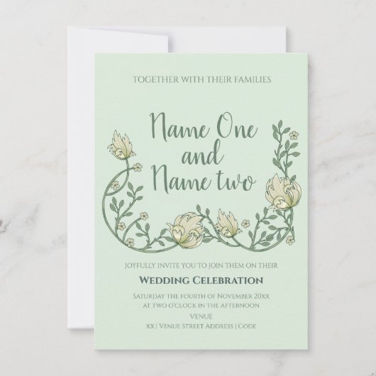 Jugendstil Grün Blumen Einladung zur Hochzeit (Vorderseite)