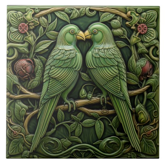 Jugendstil Grüne Vögel Antike Inspirierte Natur Fliese (Vorderseite)