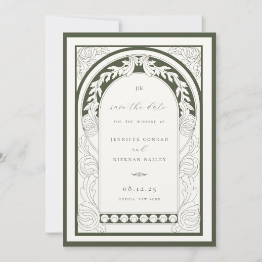 Jugendstil-Grünrahmen Foto Save The Date (Vorderseite)
