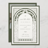 Jugendstil-Grünrahmen Foto Save The Date (Vorne/Hinten)