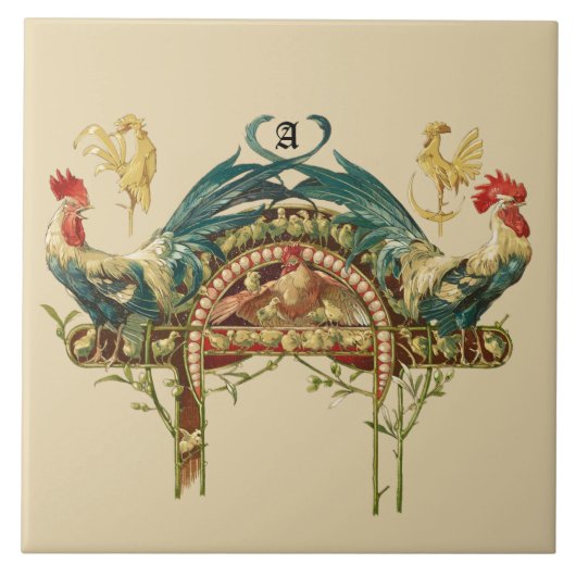 Jugendstil-Hähne & Hühner Fliese (Vorderseite)