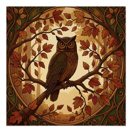 Jugendstil Herbst Eule Wald Poster (Vorderseite)