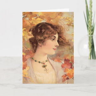 Jugendstil Herbst Frau Goldenes Blatt Druck Feiertagskarte
