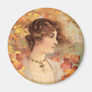 Jugendstil Herbst Frau Goldenes Blatt Druck Magnet