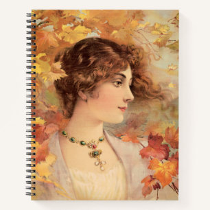 Jugendstil Herbst Frau Goldenes Blatt Druck Notizblock