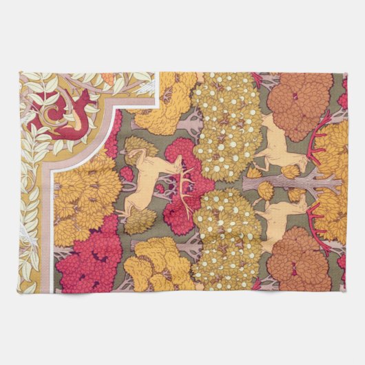 Jugendstil Herbst Hirsche in Bäumen Verneuil Fall Geschirrtuch (Horizontal)
