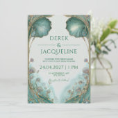 Jugendstil-Hochzeit Aquamarin & Gold Einladung (Stehend Vorderseite)