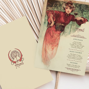 Jugendstil-Hochzeitsmenü Vintage-Dame rotes Kleid Einladung