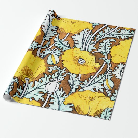 Jugendstil-hübsch-gelbe Mohnmuster Geschenkpapier (Ungerollt)
