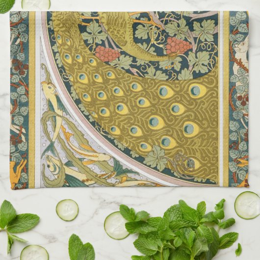 Jugendstil im Pfauenstil - runder, aufwändiger Ent Geschirrtuch (Gefaltet)