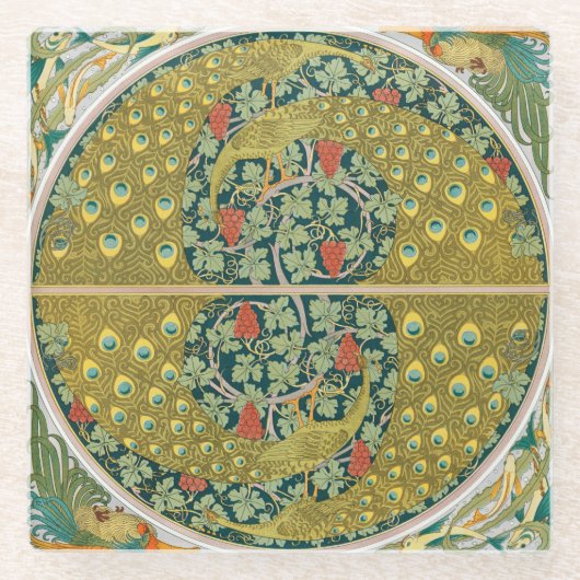 Jugendstil im Pfauenstil - runder, aufwändiger Ent Glasuntersetzer (Vorderseite)