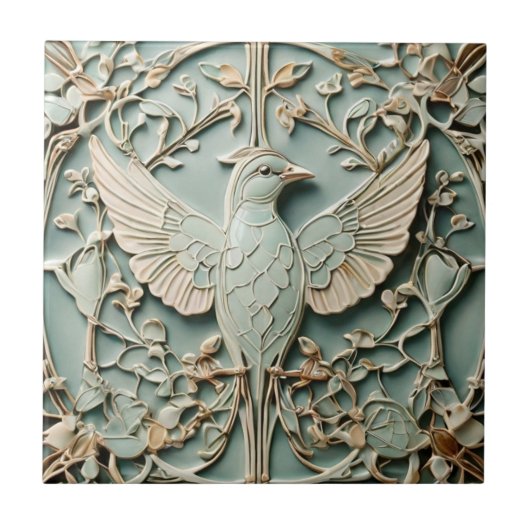 Jugendstil-Imitat-Relief Right Bird Pastel Minze Fliese (Vorderseite)