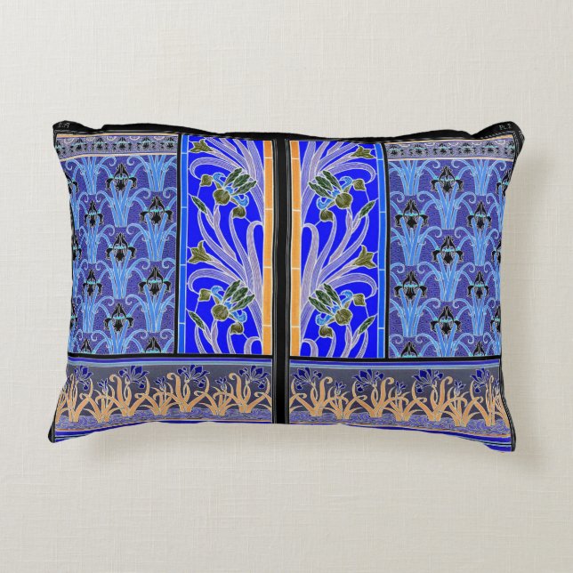 Jugendstil-Iris-Blume elegant Vintag-blau Dekokissen (Rückseite)