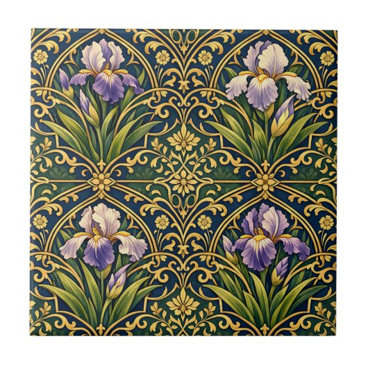 Jugendstil-Iris-Blumendamast Fliese (Vorderseite)