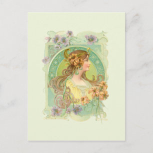 Jugendstil Junge Frau Mädchen mit Sternen Blumen Postkarte