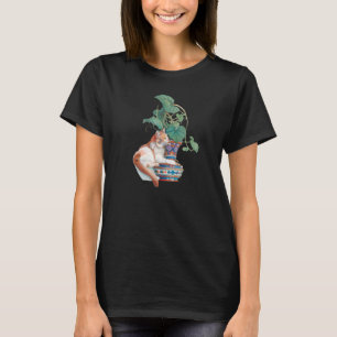Jugendstil-Katze Sitzplatz neben gepunkteter Pflan T-Shirt