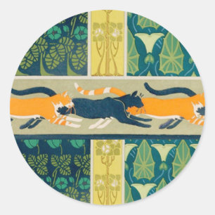 Jugendstil Katzen und Blumen Runder Aufkleber