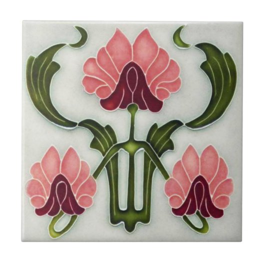 Jugendstil Keramik Tile. Rosa/Grün Fliese (Vorderseite)