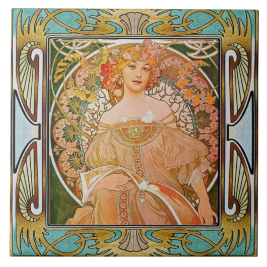 Jugendstil Keramikfliese Alphonse Mucha Design 01 (Vorderseite)