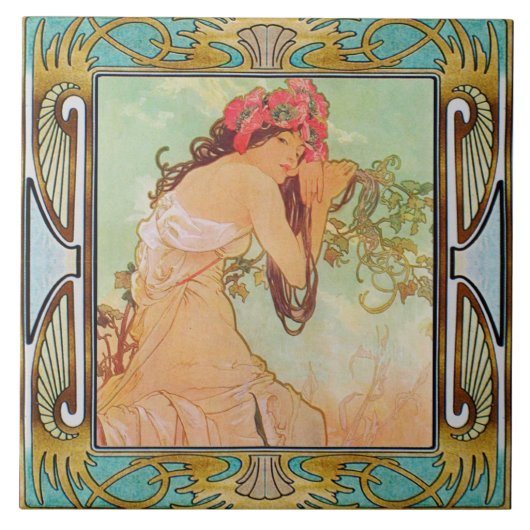 Jugendstil Keramikfliese Alphonse Mucha Design 03 (Vorderseite)