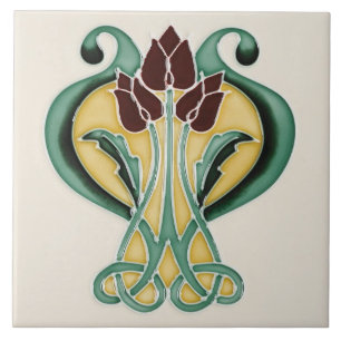 Jugendstil-Keramikfliese - Tiefe violette Tulpen Fliese
