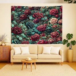 Jugendstil-Kletterrosen-Teppich in Teal und Gold Wandteppich