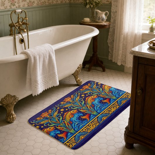 Jugendstil-Koi-Fisch- und Blumenfriesmuster Badematte