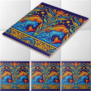 Jugendstil-Koi-Fisch- und Blumenfriesmuster Fliese