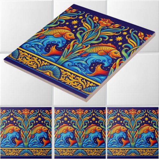 Jugendstil-Koi-Fisch- und Blumenfriesmuster Fliese