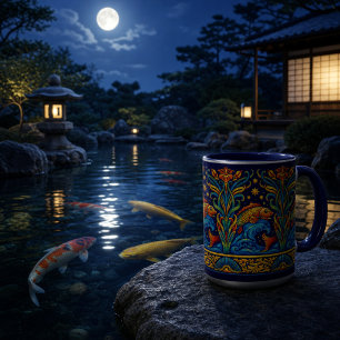 Jugendstil-Koi-Fisch- und Blumenfriesmuster Tasse