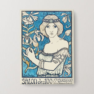 Jugendstil-Kunst Frau Blaues Blumenposter Druck Button