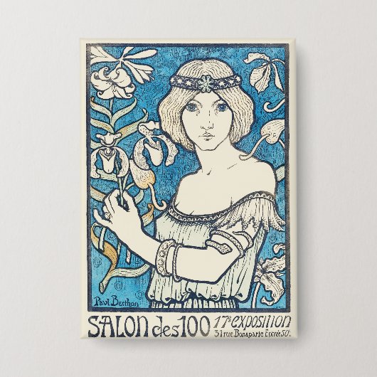 Jugendstil-Kunst Frau Blaues Blumenposter Druck Button (Vorderseite)