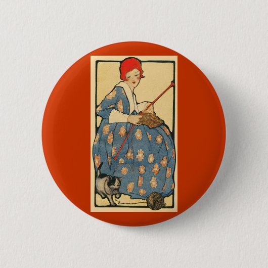 Jugendstil - Mädchen beim Stricken mit ihrer Katze Button (Vorderseite)