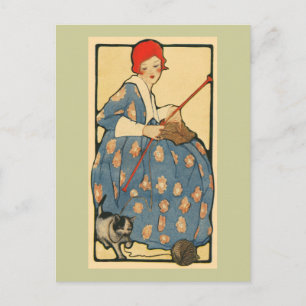 Jugendstil - Mädchen beim Stricken mit ihrer Katze Postkarte