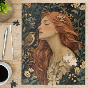 Jugendstil-Mädchen Blumenvogel Kunst Puzzle