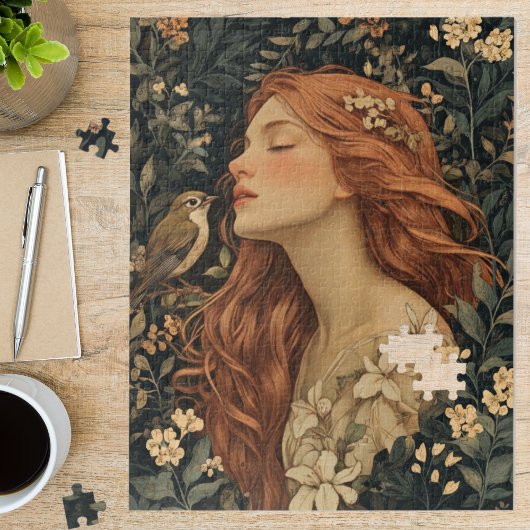 Jugendstil-Mädchen Blumenvogel Kunst Puzzle