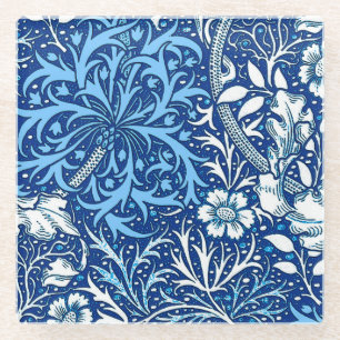 Jugendstil-Meeresalgen-Blumen, Kobaltblau und Weiß Glasuntersetzer