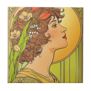 Jugendstil-Muse mit Frühlingsblumen Fliese